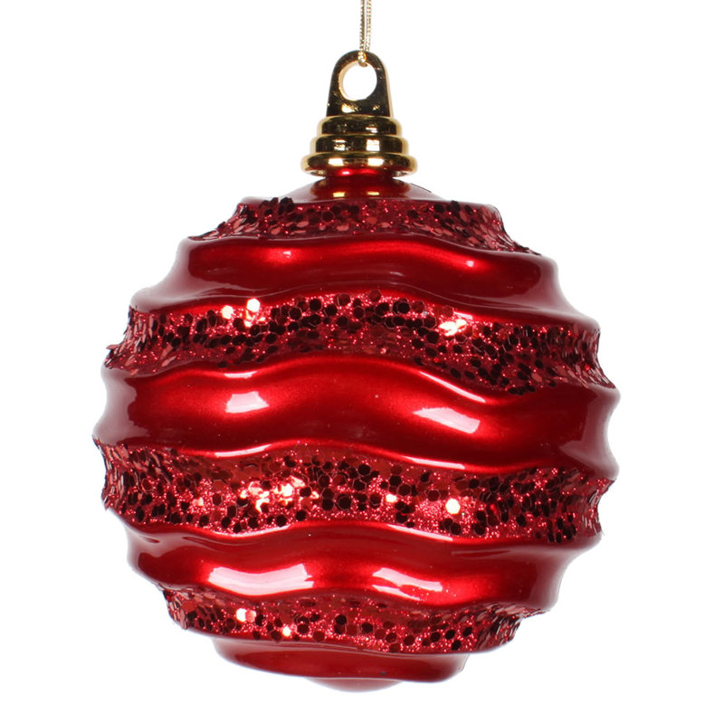 Ornement de Noël boule rayée et scintillante, H 8 po x l 8 po x P 8 po, Rouge
