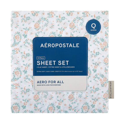 Aeropostale 6 Piece Premium All Season Microfiber Sheet Set, 4 Pillow Cases, 1 Fitted Sheet, 1 Flat Sheet, Fits Mattresses up to 16” Deep, Queen Size, Paisley Sage and Blush
