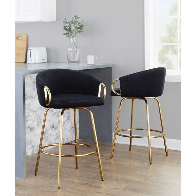 Josie 26" Fixed-Height Velvet Counter Stools with Gold Metal Legs & Round Footrest, Black