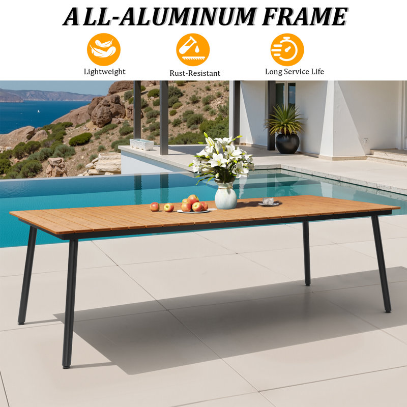 8 - Person Metal Patio Dining Set With Removable Cushions And Umbrella Hole, Beige Cushion/Brown Table Top