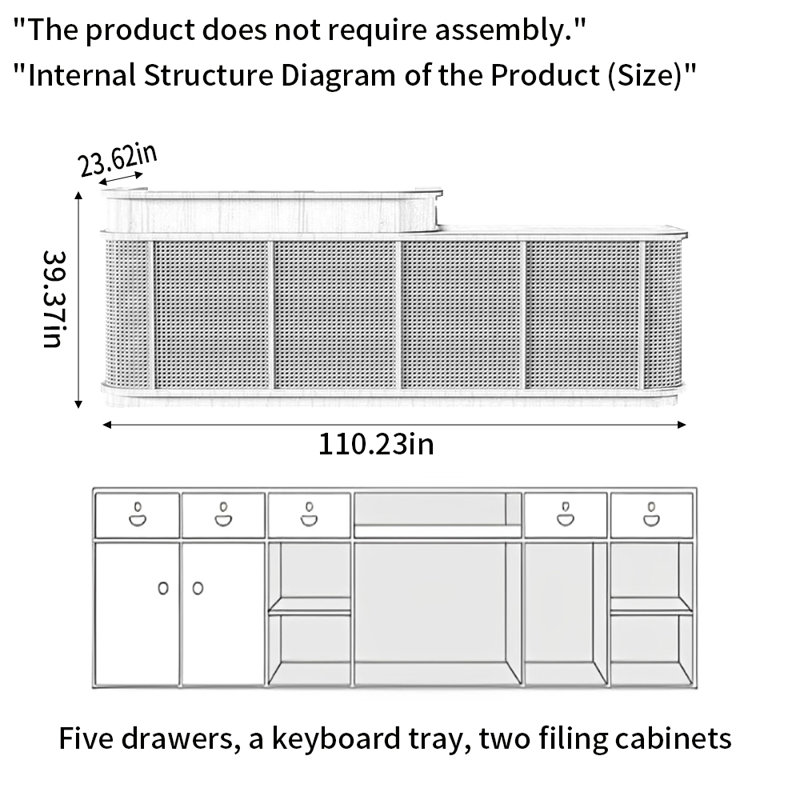 110.23-Inch White Multi-Functional Front Desk, Computer Desk, Writing Desk with Locking Drawer, No Assembly Required
