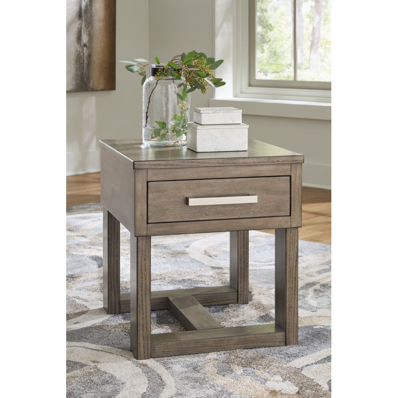 Transitional Brown and White Wood End Table with Storage and USB Charging