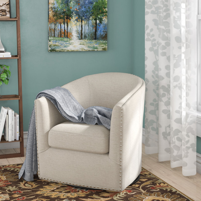Tyler 360° Swivel Barrel Chair with Nailhead Trim, Natural Polyester