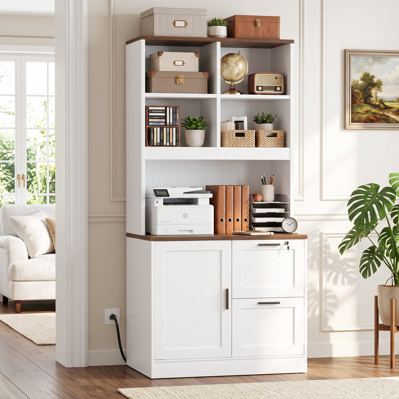 Armoire de rangement de bureau de 171,5 cm de hauteur avec bibliothèque, 2 tiroirs à dossiers suspendus et station de recharge
