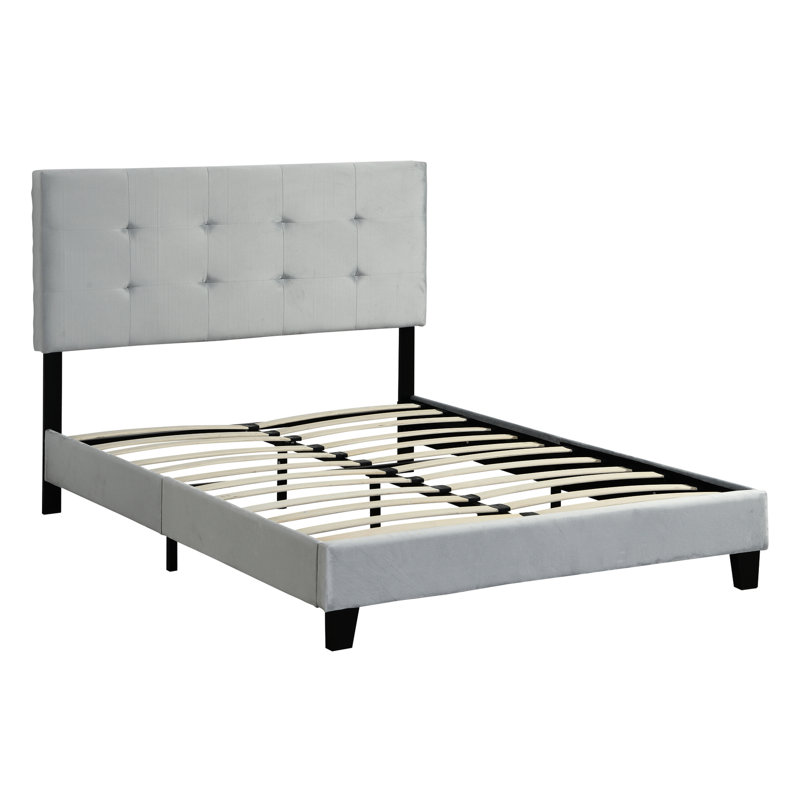 Lit plateforme tapissier pleine grandeur avec tête de lit, lattes en bois zélé, base de matelas, aucun sommier requis, assemblage facile, support vaillant gris, ressort, coloriage