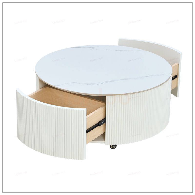 Table basse ronde moderne avec roulettes, 2 tiroirs et plateau en marbre fritté durable, Blanc