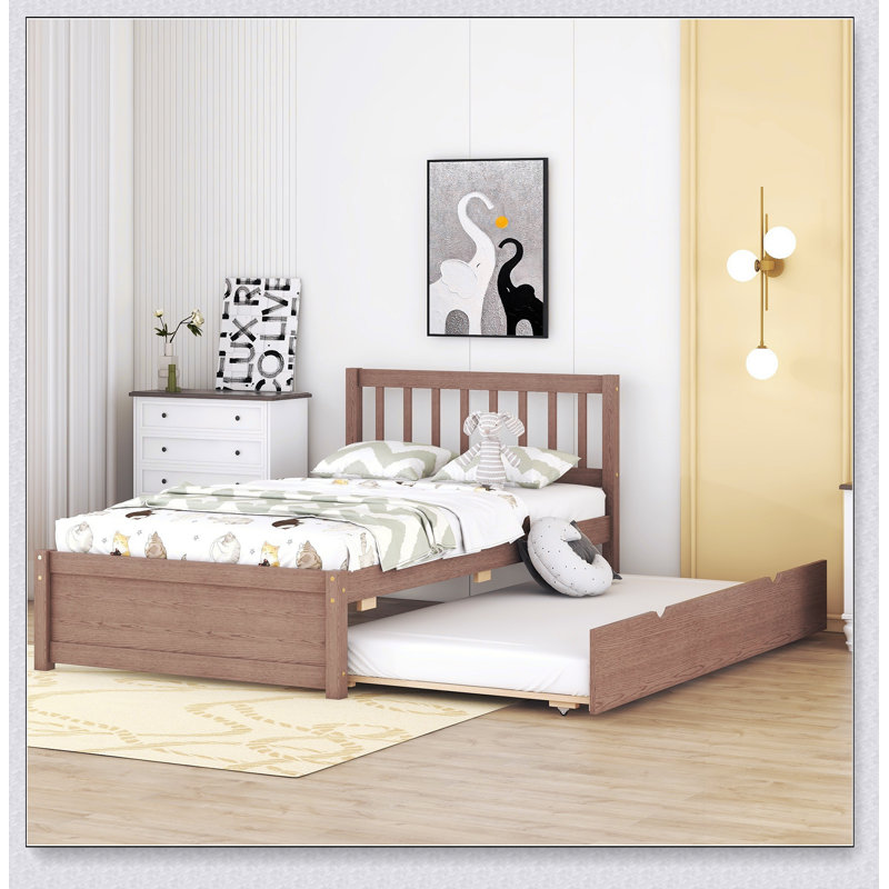Structure de lit plateforme moderne en bois avec lit gigogne, Noyer