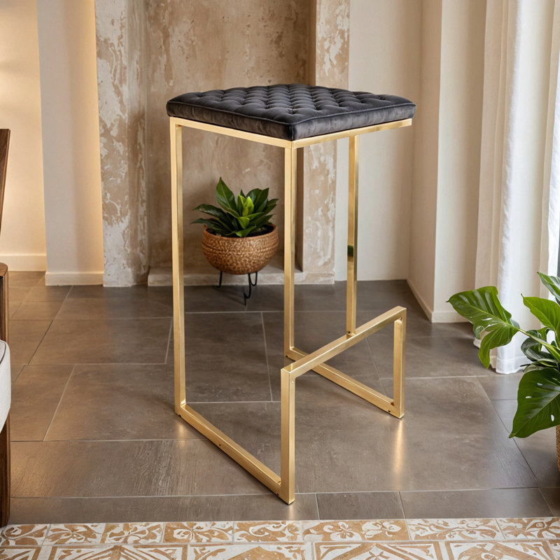 Quilted Leather Bar Stool – Modern Counter Stool, Upholstered Bar Chair with Metal Sled Base, Kitchen Island & Home Bar Seating