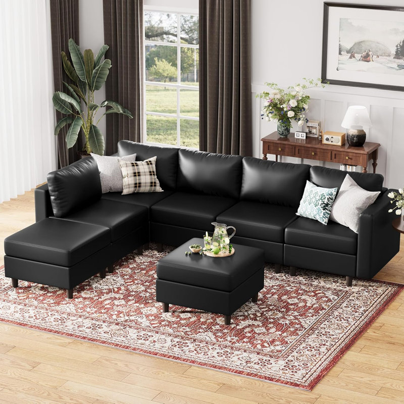 7-Piece 118.5'' Reversible Modern L-Shape Sectional Sofa With Storage Seat- Faux Leather-Black, Black Faux Leather