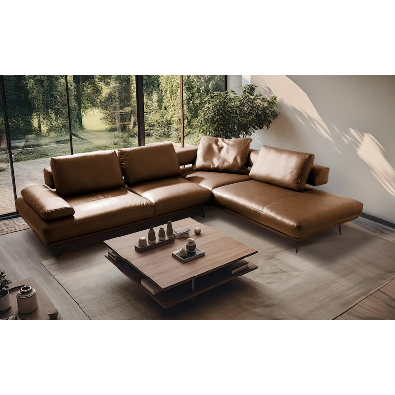Trumansburg Power Reclining Corner Sofa in Genuine Leather, Cognac, Right Hand Facing