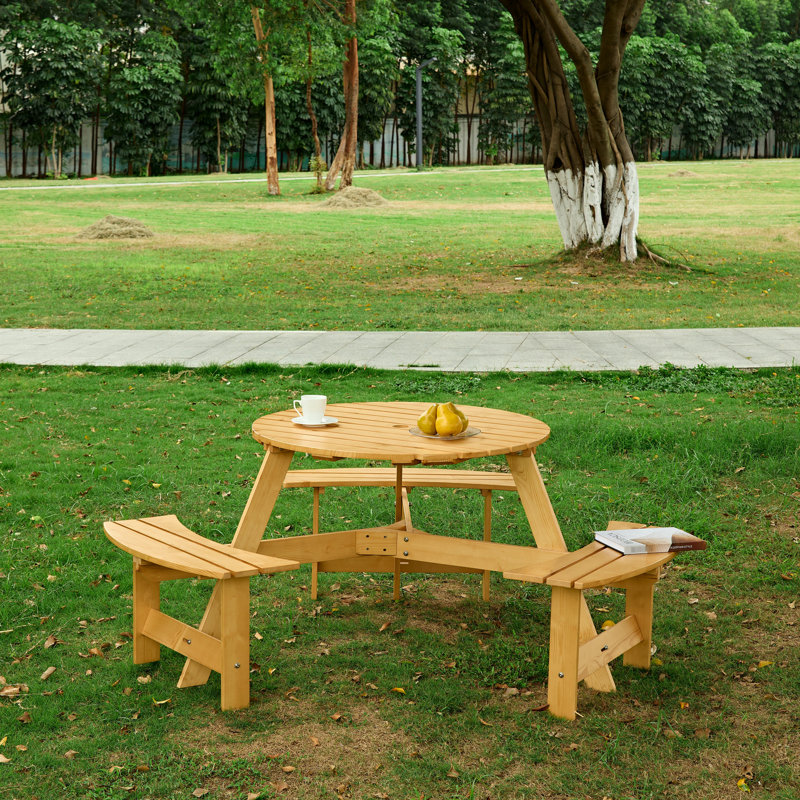 Outdoor 6 Person Picnic Table, 3 Built-In Benches And Umbrella Hole. Natural Wood, , Waterproof For Porch, Garden, Backyard Table With Hole - Waterproof, Rustic Style, Garden Patio