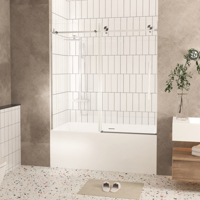 Bathroom Shower Door 56 - 60" X 60", 1/4" Clear Tempered Glass, Proof Coating, Stainless Steel Long Reach Handle, Brushed Nickel Tint Round Tracks For Quiet Gliding , Finish Operation