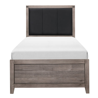 Lit simple tapissier en similicuir brun brunâtre avec panneau de lit et tête de lit