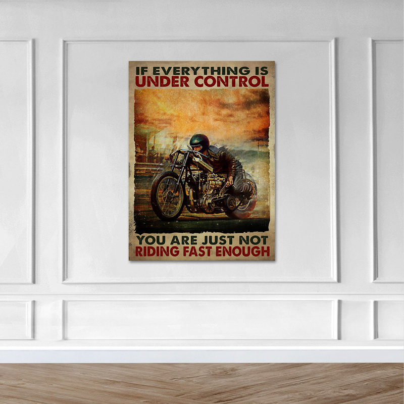 «Man Riding Motorbike» - si tout est sous contrôle, toile tendue avec châssis - transport Illustration décor, décor de salon brun et orange