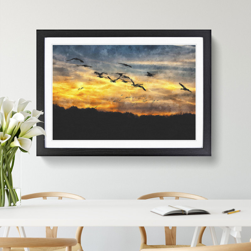 Geese at Sunset - Framed Print, 27cm H x 36cm W x 2cm D, Black Framed