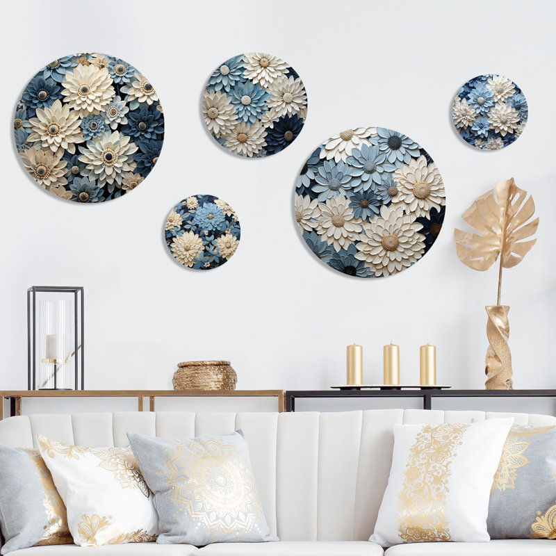 Blanc et bleu Zinnias Bounty - ensemble d'art mural rond Zinnias Zinnias de 5