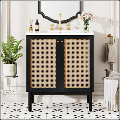 Meuble-lavabo en bambou naturel de 30 po avec portes en rotin faites à la main et mécanismes de fermeture en douceur