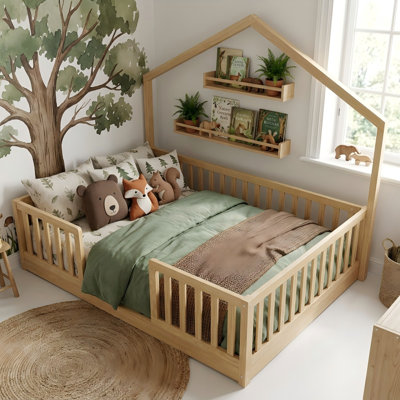 Natural Wood Full Kid Bed, Montessori Floor Bed with Full Side Rails & Integrated LED Light for Kids Bedroom