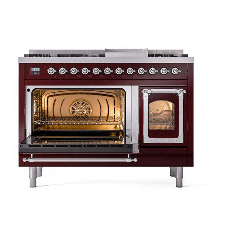 ILVE UN48FNMPEGG Nostalgie II Noblesse 48 inch Dual Fuel Range (8 Sealed Burners + Griddle, Triple Glass Door), Chrome