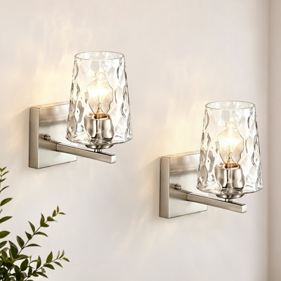 1-Light 5 In. Brushed Nickel Indoor Wall Sconce With Hammered Clear Glass Shade (Set Of 2)
