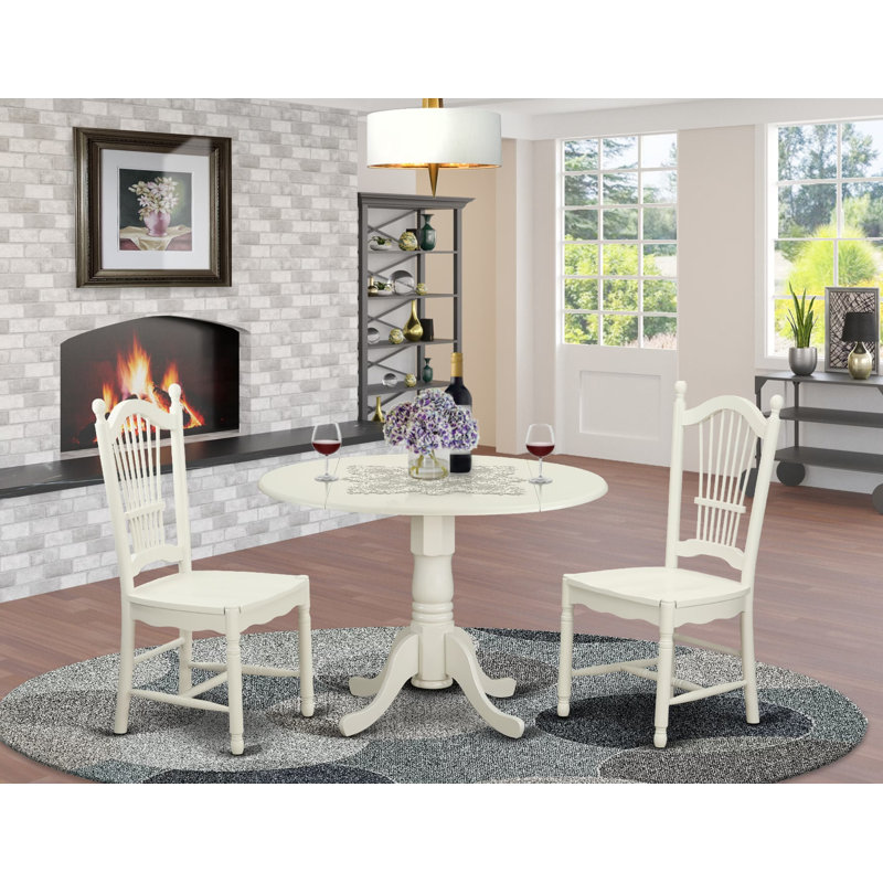 3 Piece Dining Room Table Set Contains a Round Kitchen Table with Dropleaf and 2 Dining Chairs, Linen White, Linen White