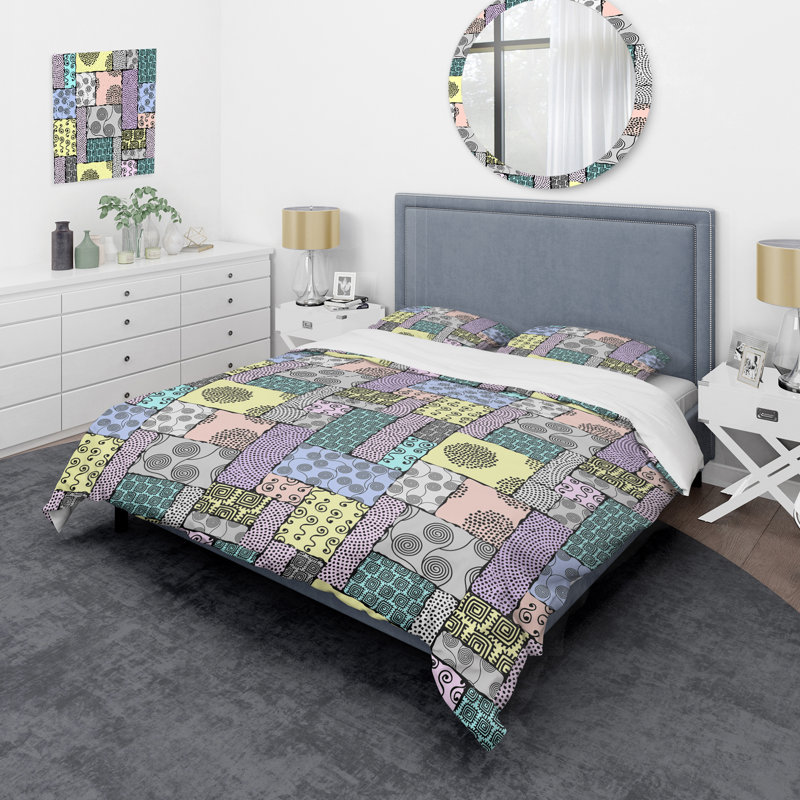 Ensemble de housse de couette en microfibre jaune / mauve / vert, Housse de couette simple + 1 taie décorative stan