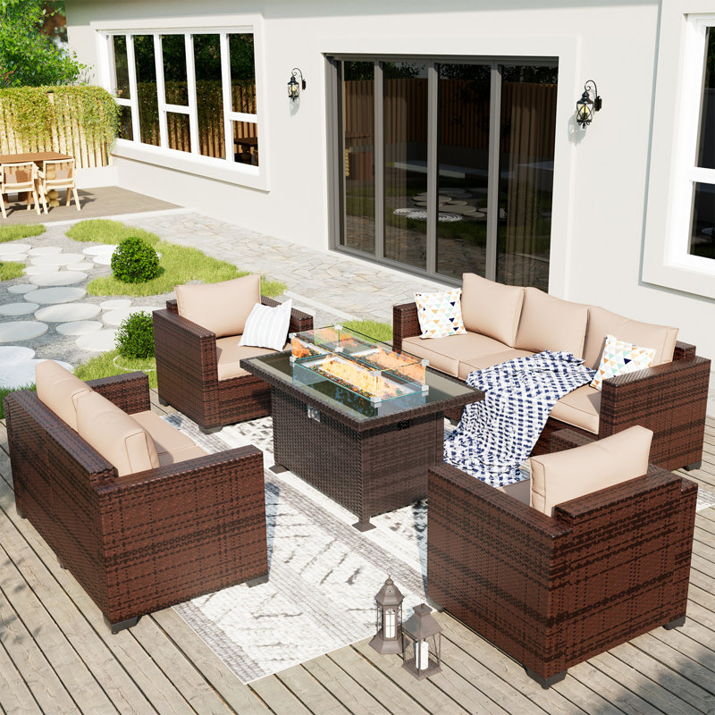 Azoriah 7-Person Wicker Outdoor Seating Group with Fire Pit Table, Khaki, 26" H x 43.5" W x 28" D