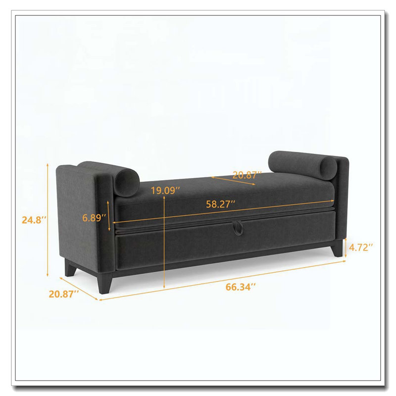 Banc rembourré en bois massif, 66 Inch+Storage, Noir