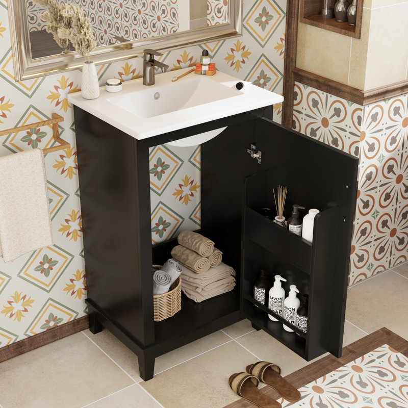 Meuble-lavabo simple 20 po avec comptoir en céramique, Noir, noir, noir, noir