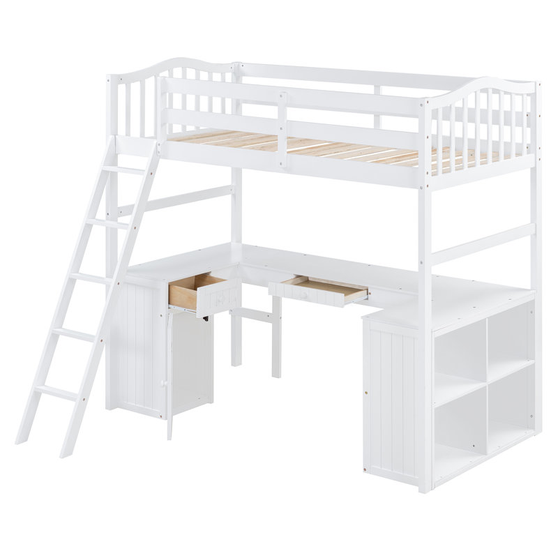 Lit mezzanine simple avec bureau, tiroirs, armoire et tablettes - Lit mezzanine en bois peu encombrant, blanc