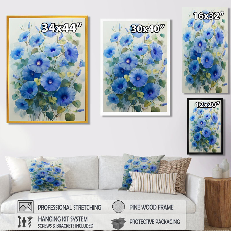 Jardin des rêves bleus fleurs du matin - gloire du matin - décoration murale, Toile tendue, H 16 po x l 32 po