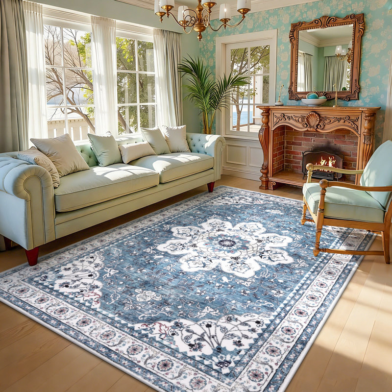 Machine Washable Non-Slip Blue Oriental Area Rug, Rectangle 5' x 8'