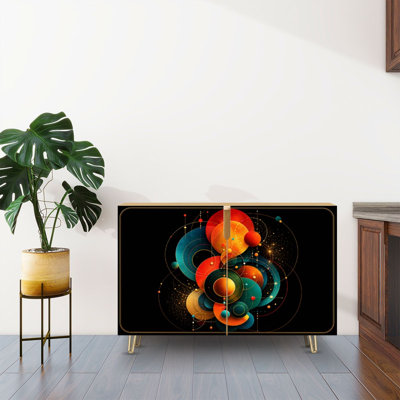 Buffet Buffet avec rangement Composition géométrique abstraite Cercles colorés Thème cosmique avec 2 portes pour le salon et la cuisine