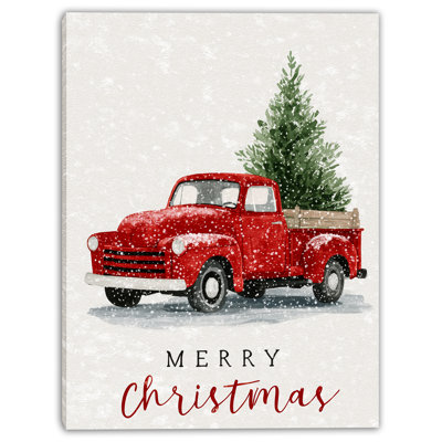 Minimal Merry Christmas Red Truck Wrapped Canvas Wall Art