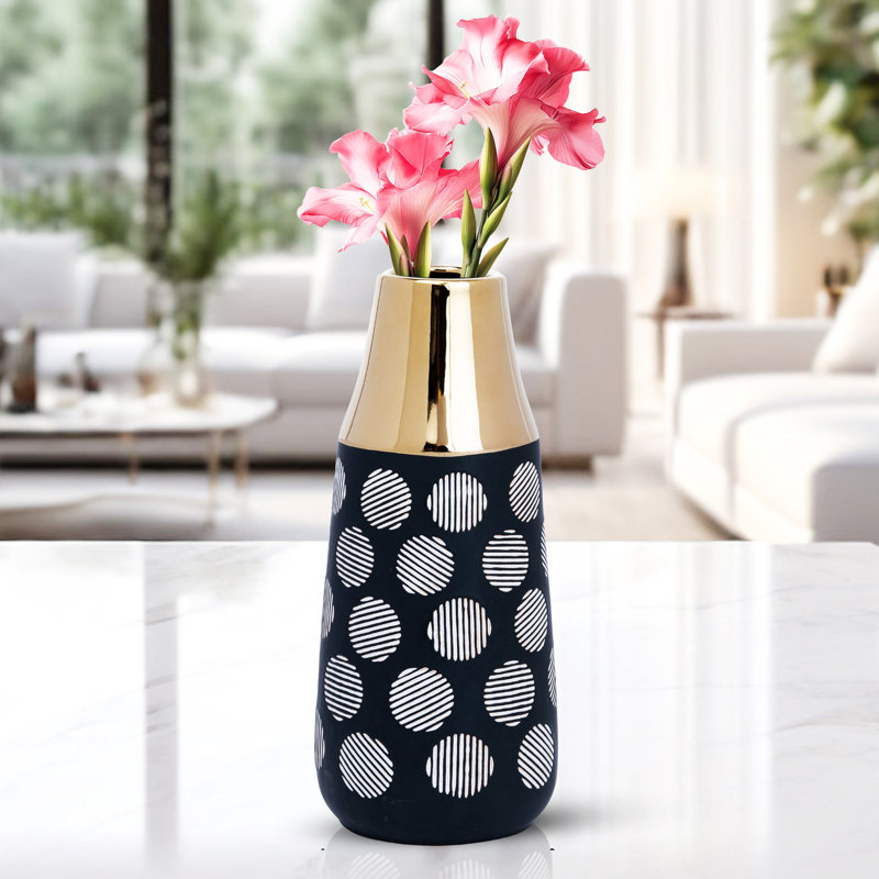 Vase en céramique: bordure dorée, fleurs fraîches et fausses, Noir