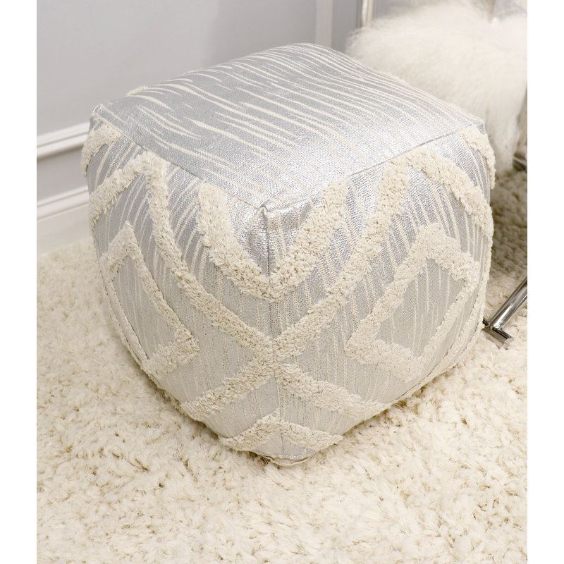 Grandcanyon Cotton Shaggy Pouf, Ivory/Silver, Silver/Ivory