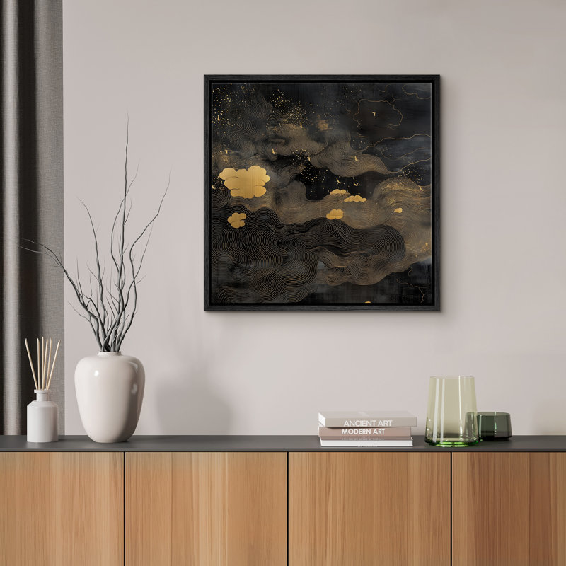 «Black Gold Flowing Cloud Line Abstract Wall Decor for Living Room encadrée, reproduction d'art sur toile encadrée dans la chambre principale