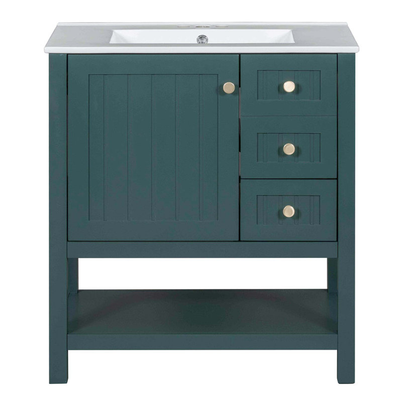 Meuble-lavabo transitionnel avec lavabo, 2 tiroirs et 1 porte, Vert
