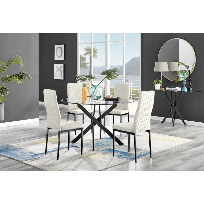 Bernell Modern Chrome Metal & Glass Round Dining Table Set with 4 Quilted Velvet Chairs, 75 x 120 x 120cm, Black, Navy/Black