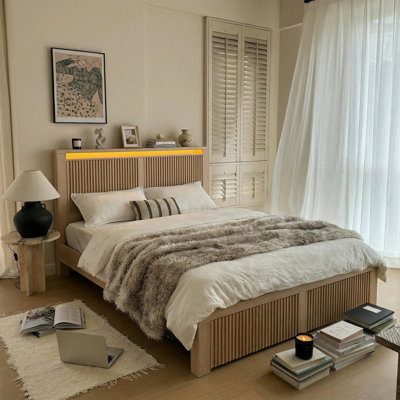 Fluted Panel Platform Bed with LED Headboard, Storage Drawers & USB Charging,No Box Spring Needed,Full/Oak