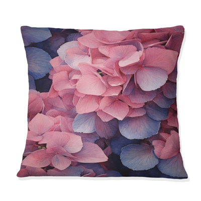 Coussin décoratif à imprimé floral rose et bleu Hortensia II