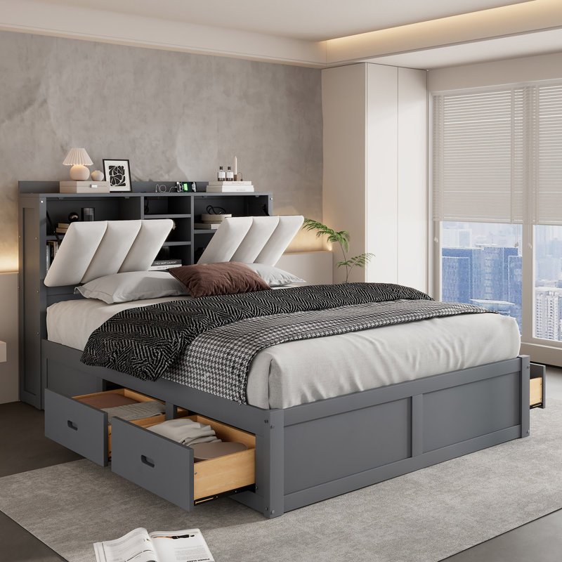 Lit plateforme en bois avec tête de lit avec rangement, tablettes et 2 tiroirs, Double, Gris 1
