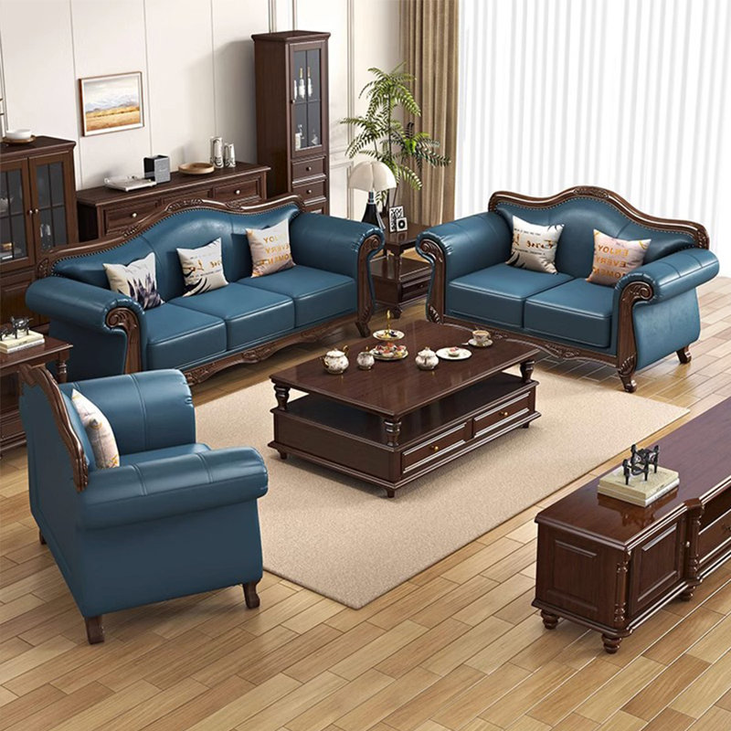 American Country Retro Wood Leather Sofa 64.9'' Leather Loveseat