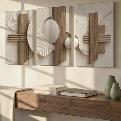 Ensemble exclusif de 3 toiles décoratives en relief, représentant des sphères ivoire et taupe. Décoration murale moderne pour salon, chambre, bureau et maison. Prêt à accrocher.