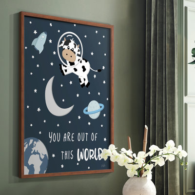 «Cow in Space II», reproduction encadrée - bois massif