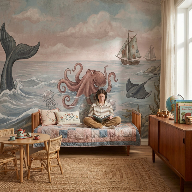 Papier peint nautique fantaisie, décoration murale vie marine, 140" x 108", Peler et coller