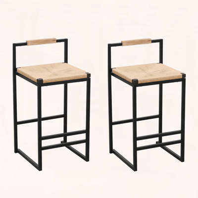 Set of 2 Bar Stools with Back and Paper Rope Woven Seat