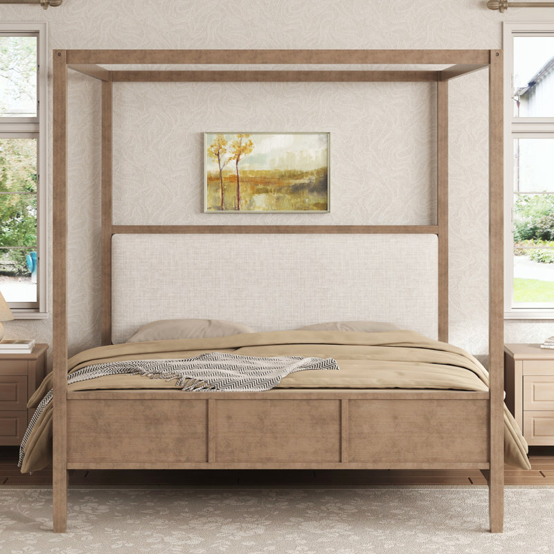 Grand lit plateforme à baldaquin en bois avec tête de lit tapissier, Queen, Natural Walnut