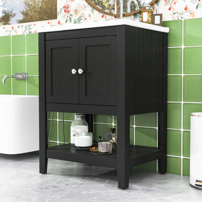 Meuble-lavabo simple contemporain en bois avec lavabo en céramique Semilune, tablette ouverte et grand rangement