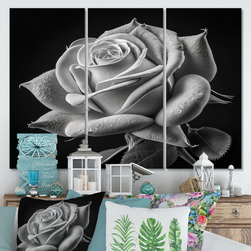 Blossoming White Rose On Black I " Blossoming White Rose On Black I " 3 - Pieces, 28" H x 36" W x 1" D